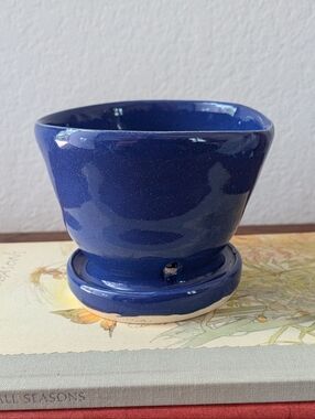 Studio Art Pottery Handmade Planter Pot Cobalt Blue Built In Drainage And Saucer